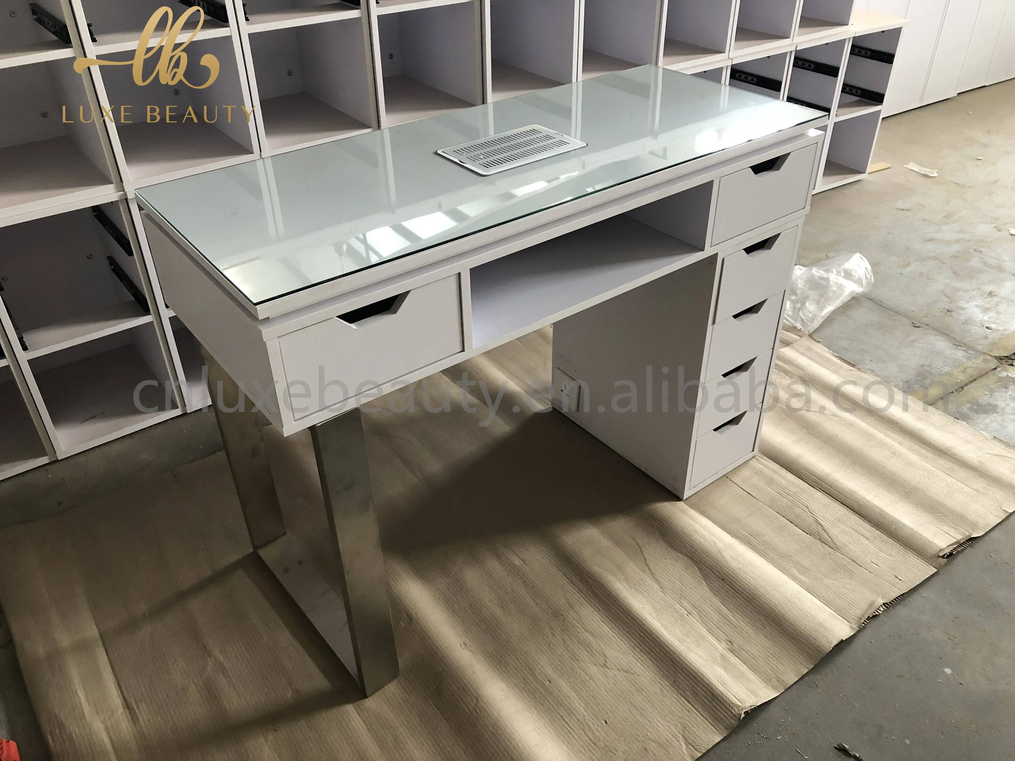 Modern Design Marble Top Manicure Station Metal foot Nail Table with 5 drawers and dust collector for nail and Beauty Salon