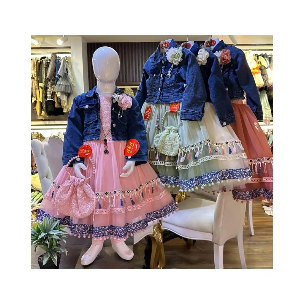 Kids new 2024 fashion frock wth denim jacket latest party wear baby dress with handbag
