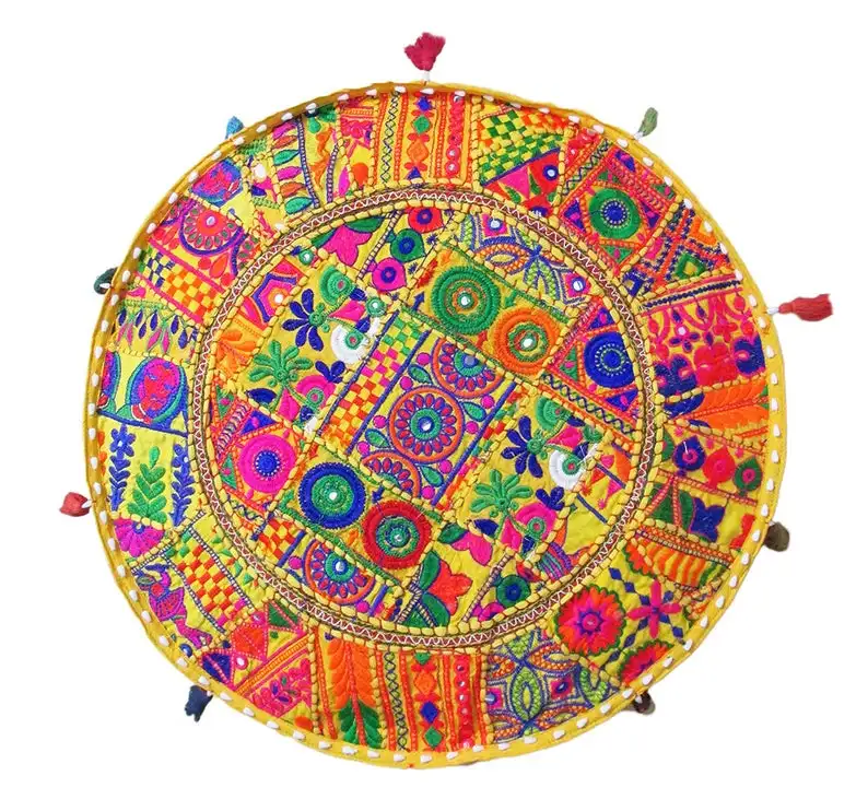 Indian Vintage Yellow Gujrati Round Floor Pillow Bohemian Patchwork Cushion Case Ethnic Decorative Floor Cushions Covers