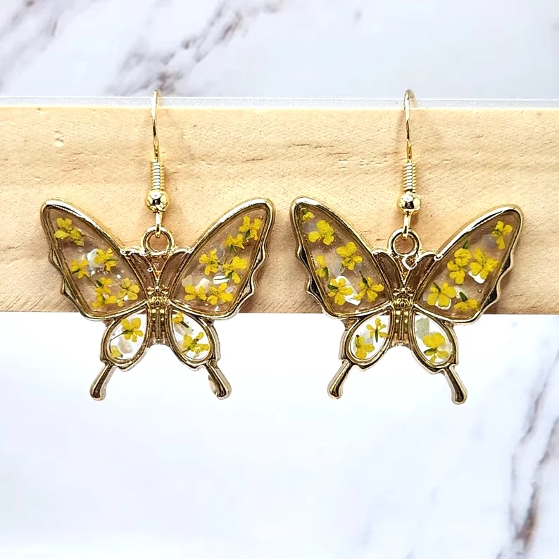 Gold Plated Butterfly Earrings for Women - Dried Flower Resin Fashion Jewelry Gift