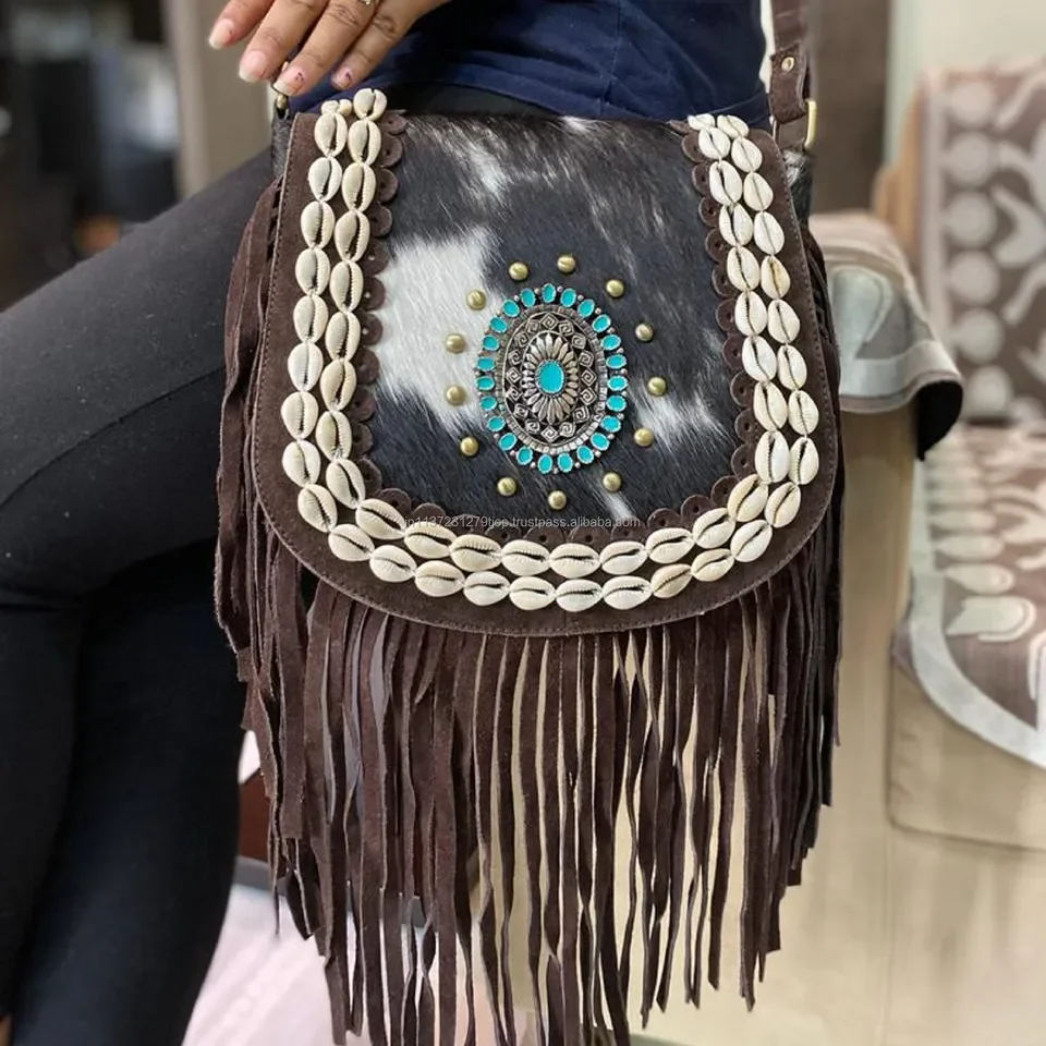 New Design Branded Bag Tan Vintage Suede Cowhide Fur Leather Stone Fringed Shoulder Bag Unique Style Fringes Ladies Leather Bag