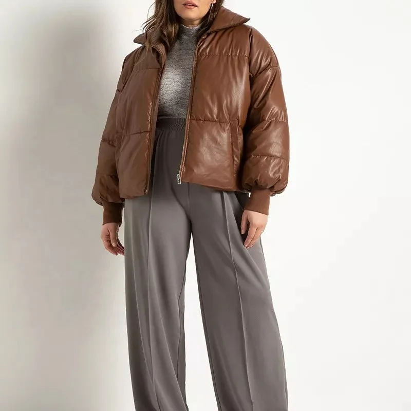 2022 Oem Puff Oversized Pu Brown Cropped Down Padded Faux Wholesale Leather Custom Logo Bubble Plus Size Puffer Jacket Women