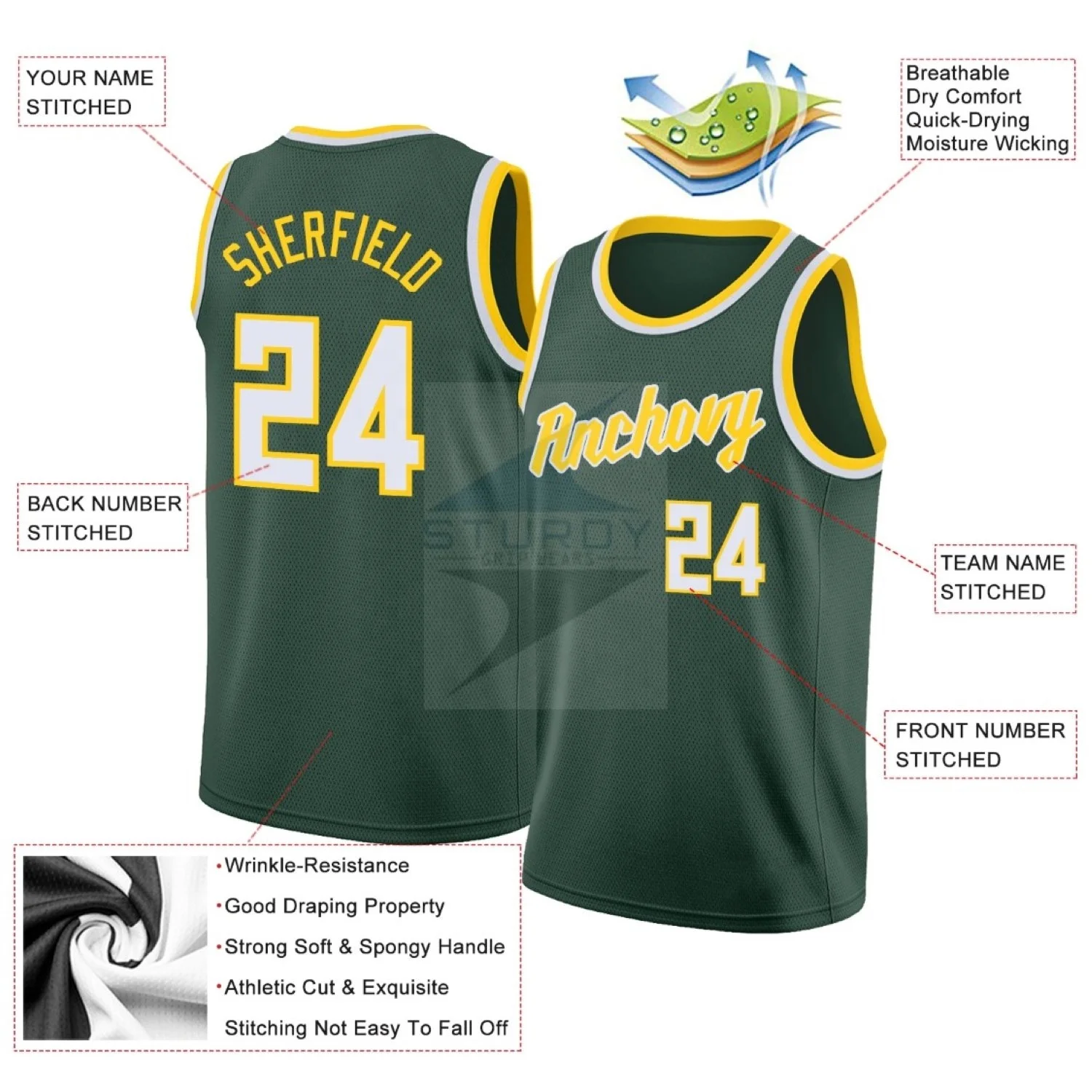 Basketball Jersey 100% Polyester Color Design T Shirt Wholesale Hunter Green White-Gold Basketball Jersey