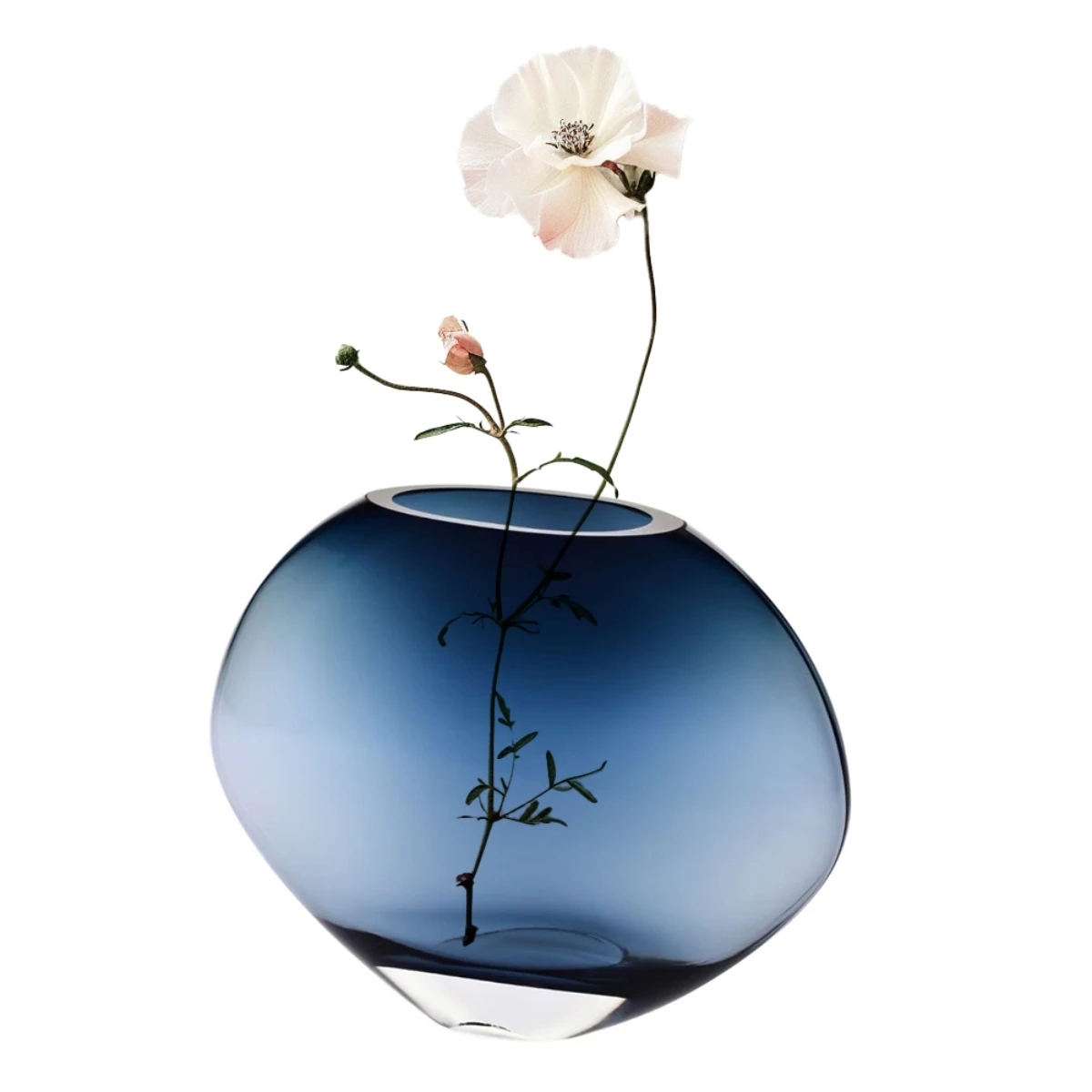 Contemporary Round Flat Navy Blue Glass Vase - 8.2 in (21cm) Height - Handmade - B2B Wholesale Offer - Home Decor - Krosno Glass