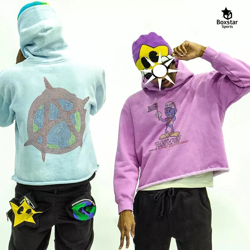 Custom men hoodies no string cut and sew oversized pullover french terry cotton cut edgs raw hem rhinestone hoodie