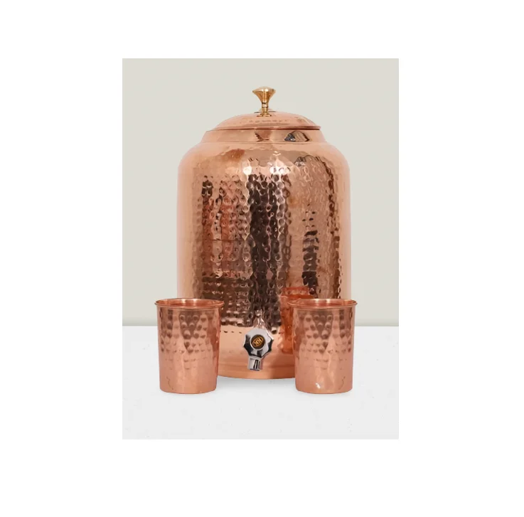 Best Quality Copper Water Cooler Custom Handmade Hammered Water Cooler Copper With Glass and Steel Stand Made in India
