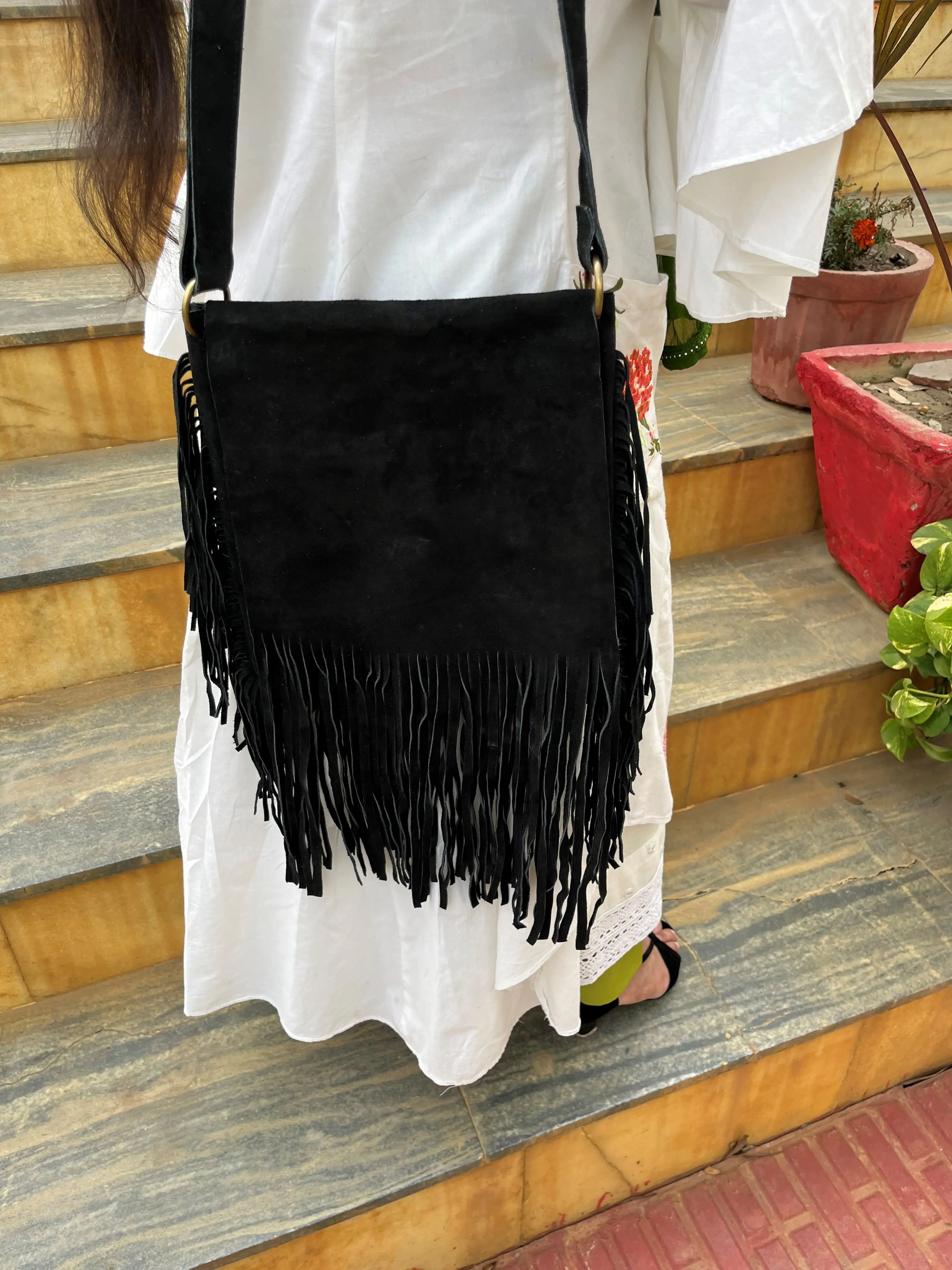 Traditional Premium Quality Wester Design Stylish Handmade Suede Leather Handmade Fringe Cross Body Bag For Woman And Girl