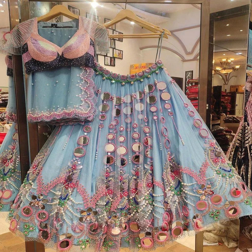 High Quality Real Mirror and Pearl Sequins Thread Lehenga Heavy Worked Bridal Lengha Choli for Indian & Pakistani Clothing