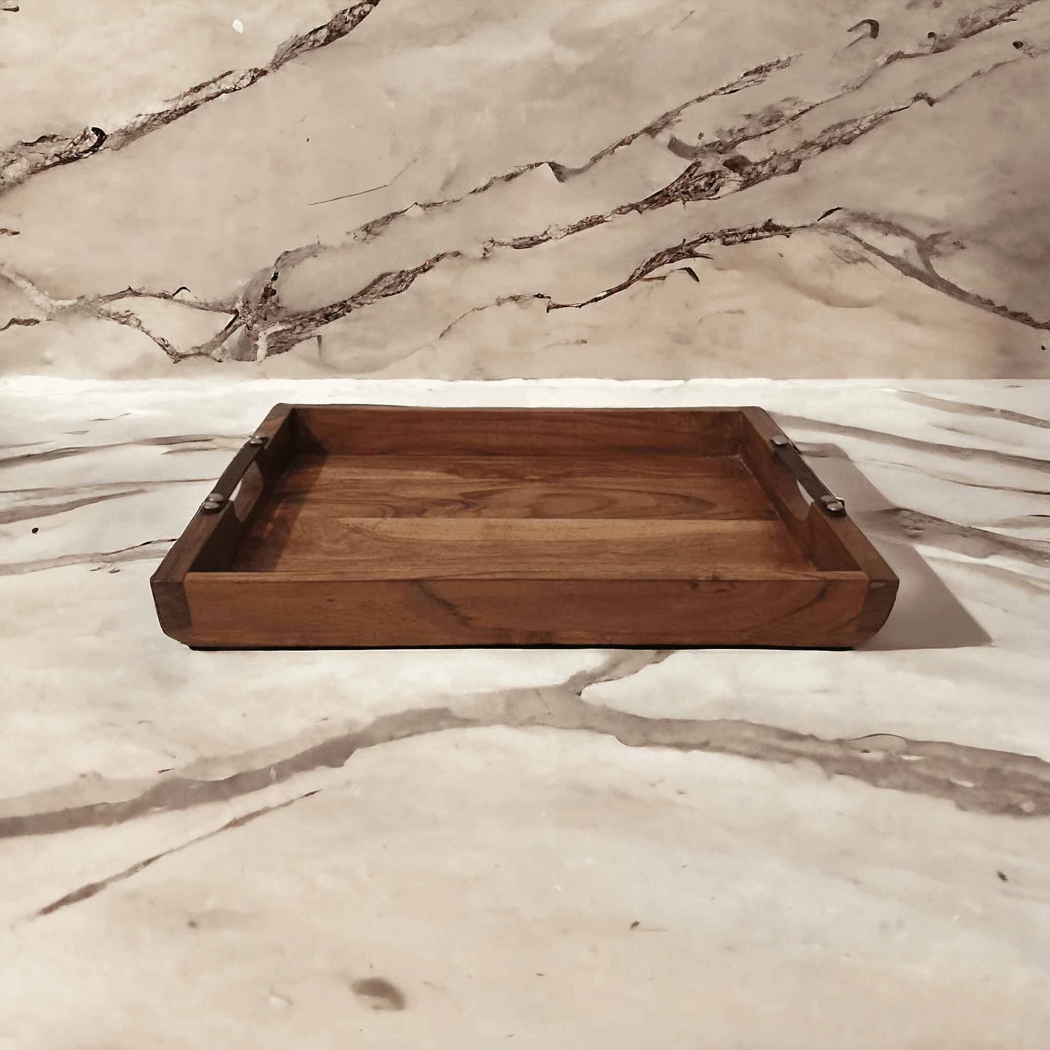 Mineral Oil Stained Acacia wood Serving Tray with Leather handles Hand-Crafted by Indian Artisan for Holiday Christmas & wedding