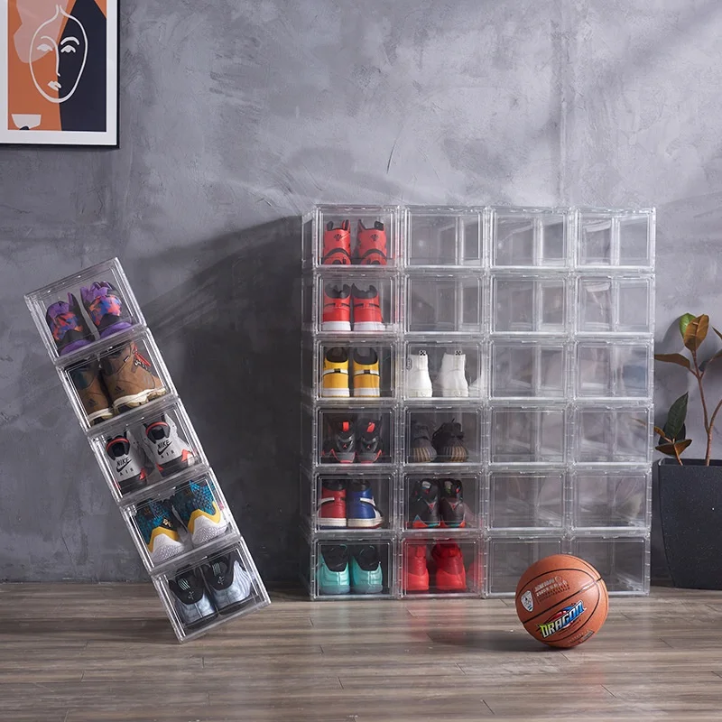Transparent Plastic Sneaker Stackable Shoe Storage Boxes Front Drop Acrylic Drawer Type Magnetic Clear Shoe Box