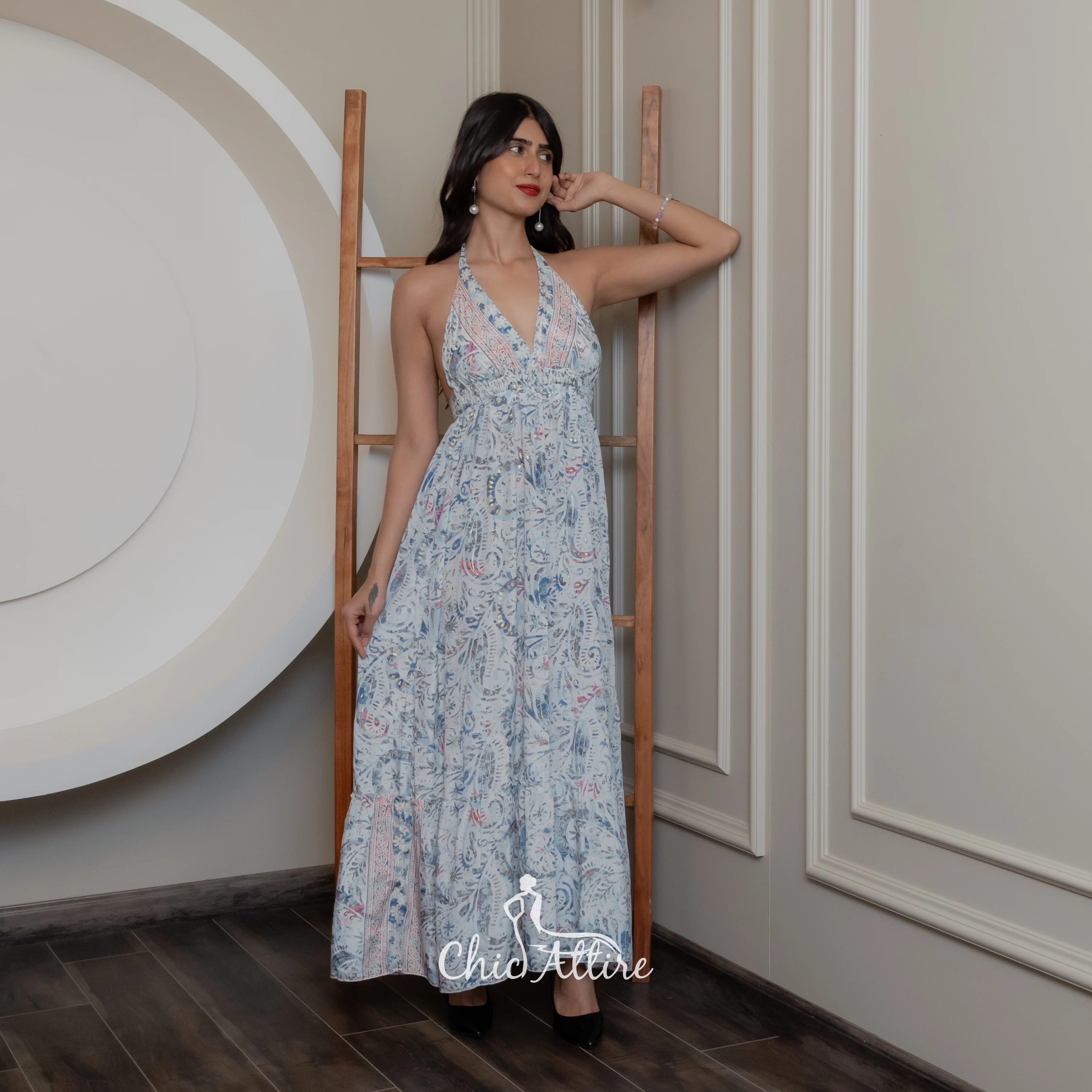 Women Halter V Neck Paisley Print Long Maxi Dress Stylish Flawless Backless Evening Wear Apparel Slim Fashionable Party Dresses