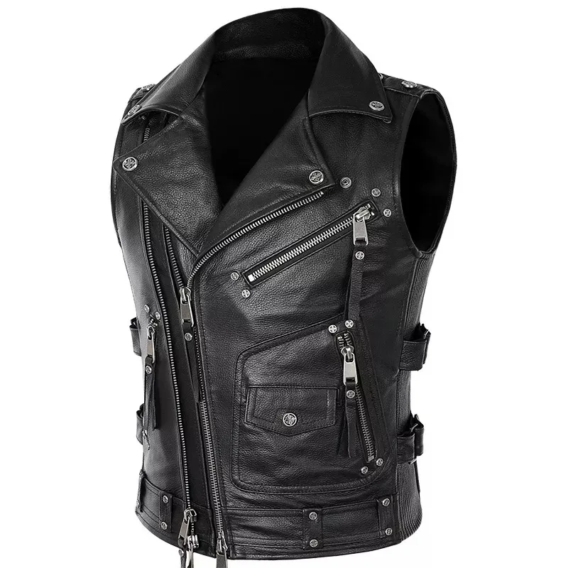 Profession Vintage Heavy Real Leather Motorcycle Biker Vest Lapel Zipper Sleeveless Jacket Genuine Cowhide Leather Vests.
