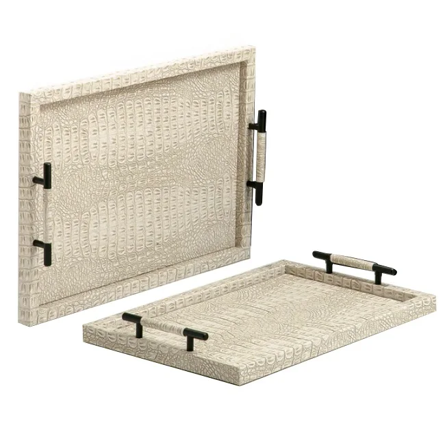 New Arrival Looking Serving Tray Antique Finishing Unique Style Set Of Two Lather Serving Tray with Metal Handle