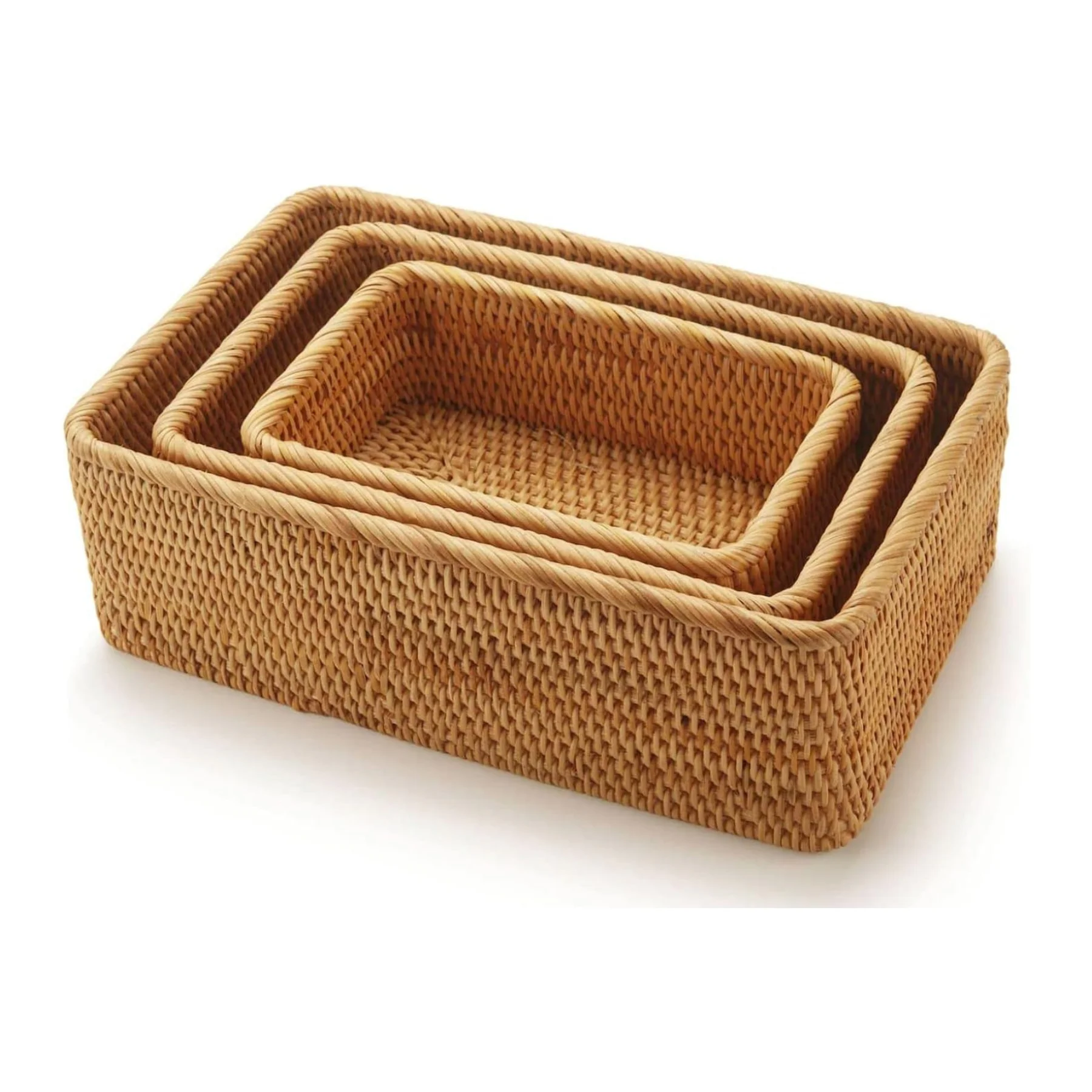 New trend Natural Rattan Fruit bread Storage Basket Rectangular set of 3 Woven Box multi-purpose basket