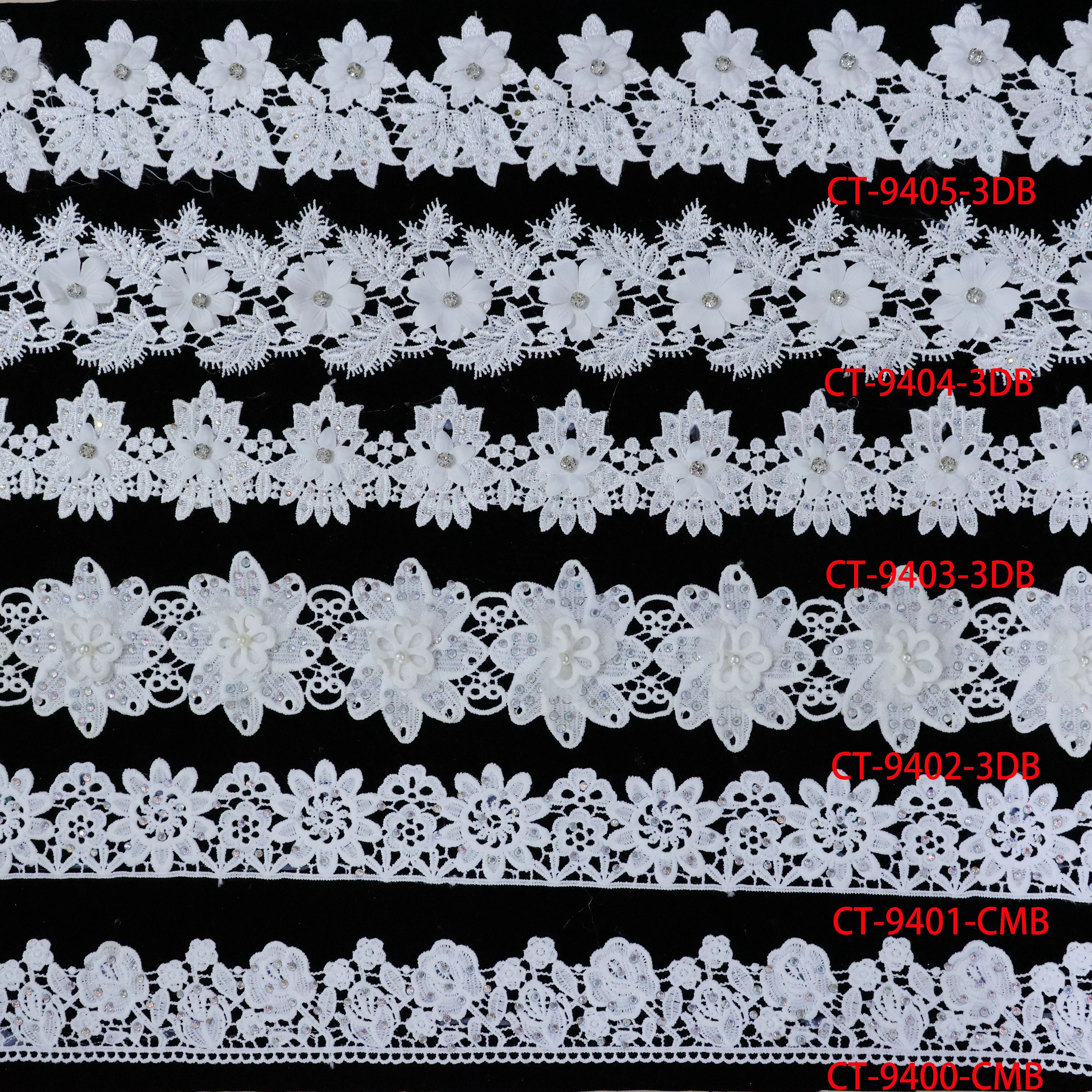 Ribete de diamantes wholesale shiny rhinestones 3d flower lace trim bridal white sequin nylon lace trim for lingerie decoration