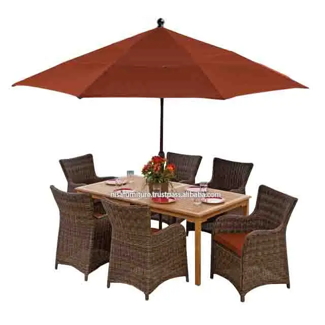 Rattan PE Waterproof  Dining Chairs and Table Teak Wood Patio Outdoor Garden Sets Furniture Hot Sale