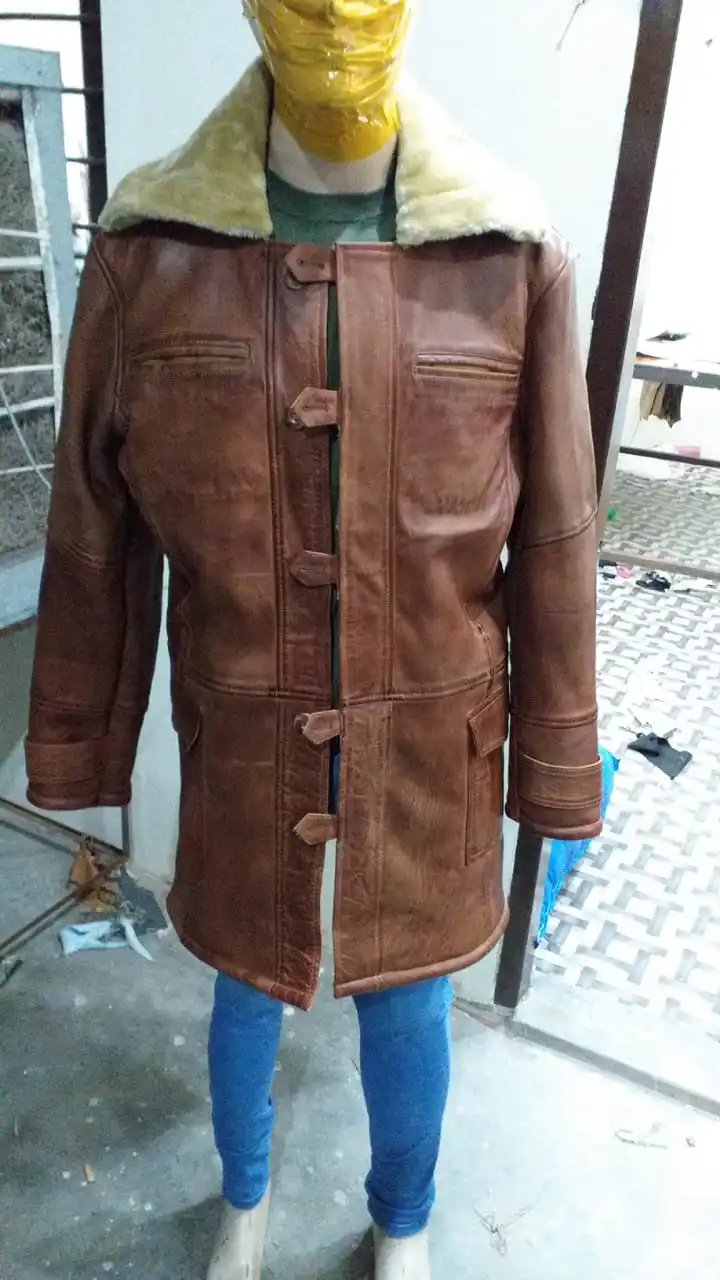 Mens Leather Long Jacket Bane Coat Winter Trench Coat Genuine Lambskin Wool Fur shearling long leather coat