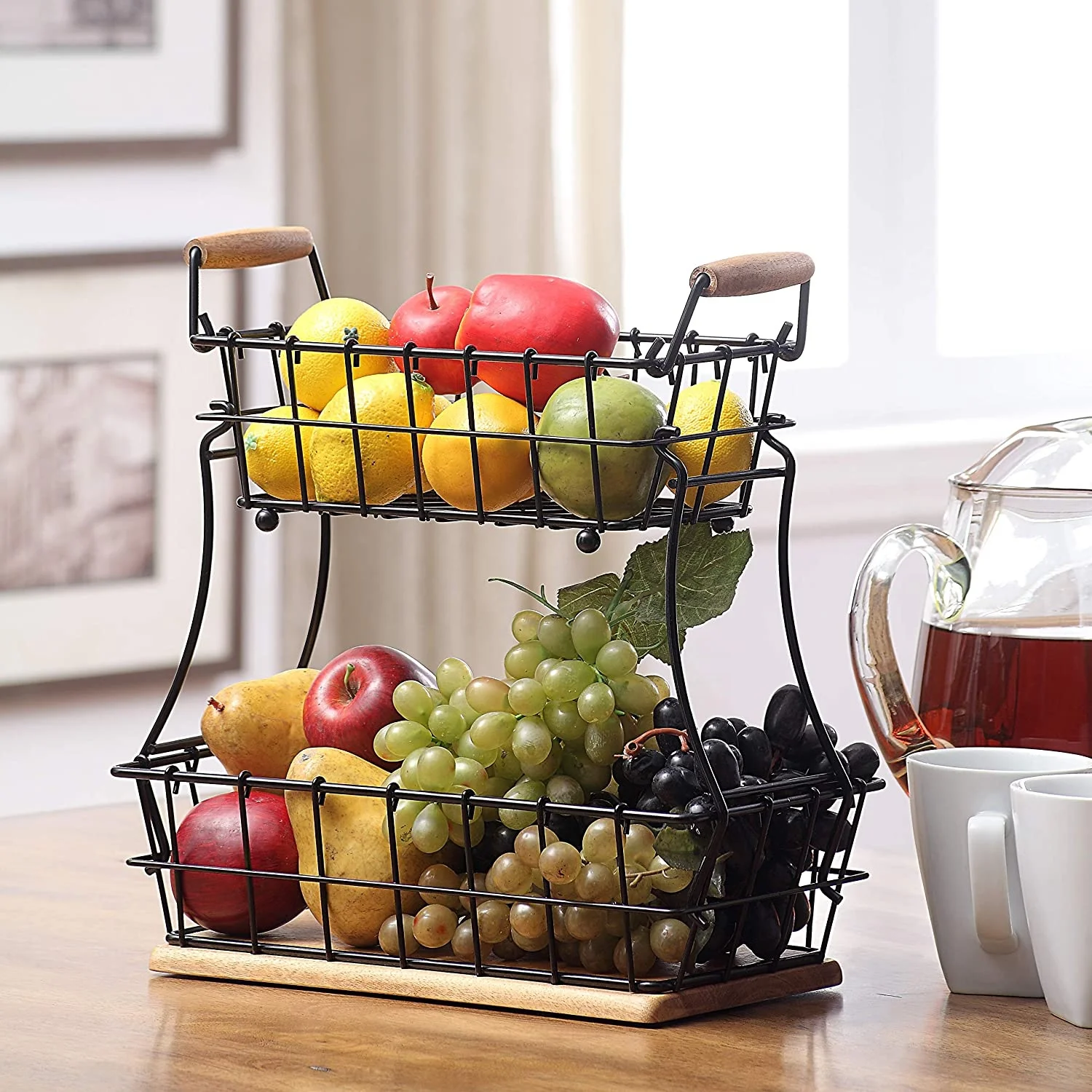 Premium Quality 2 Tired Decorative Metal With Wooden Base Decorative Basket For Kitchenand fully customizable.