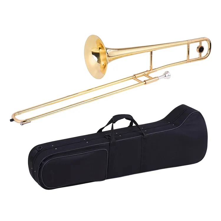Alto Trombone Brass Gold Lacquer Bb Tone B flat Wind Instrument with Cupronickel Mouthpiece Cleaning Stick Case