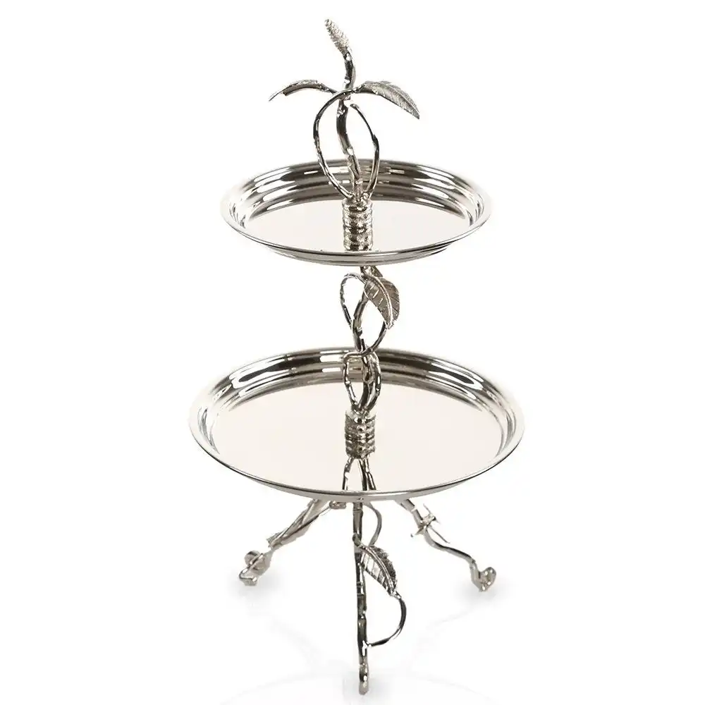 Stainless Steel Nickel Plated Shiny Polish 2 Tier Cake Stand Server with Decorative Bird Stem Low Price Cake Stand Cheap Price
