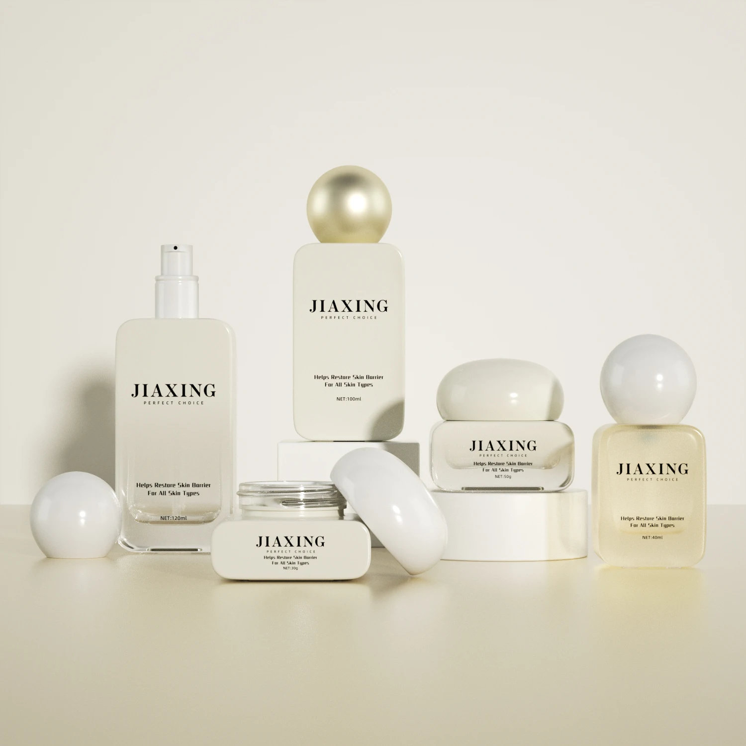 beige thick bottom square luxury cosmetic packaging set 40 100 120ml toner lotion pump bottle