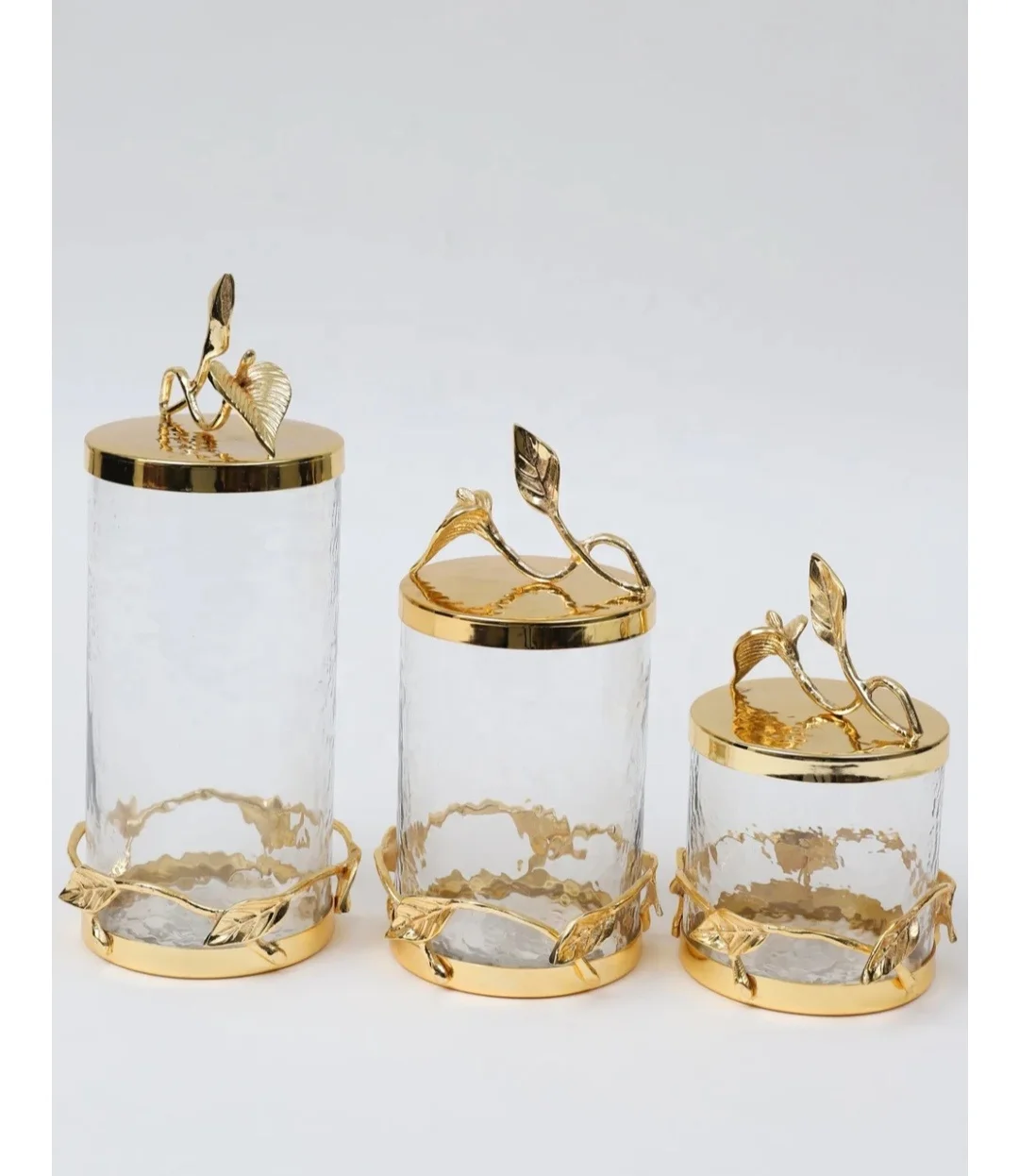 Custom Glass Canister With Gold Platted Leaf Lid For Storage Customized Metal Canister In Wholesale Price