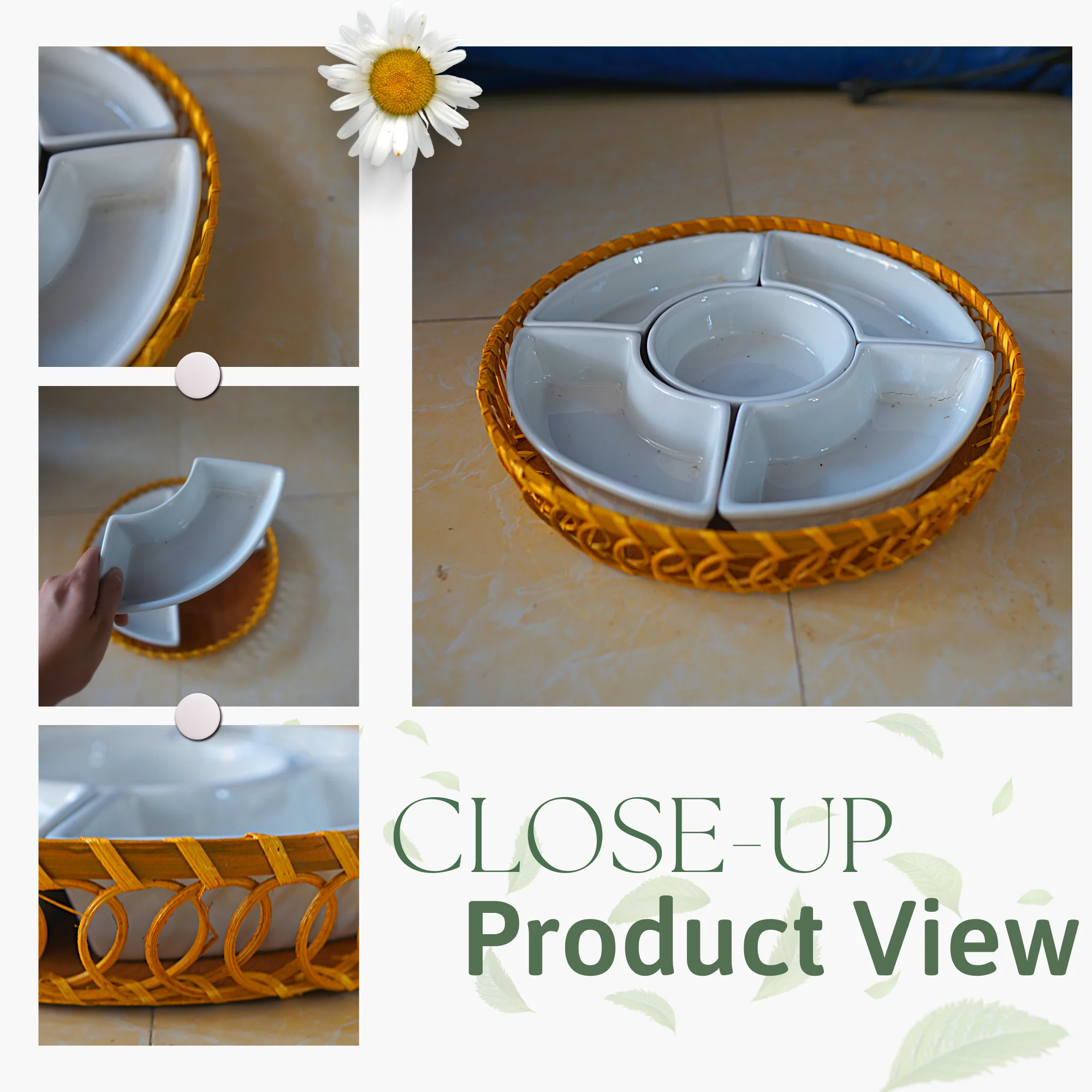 Newest Design Porcelain Mixed Rattan Dips & Chips Tray, 2023 Hot Selling Rustic Buffet Serving Tray