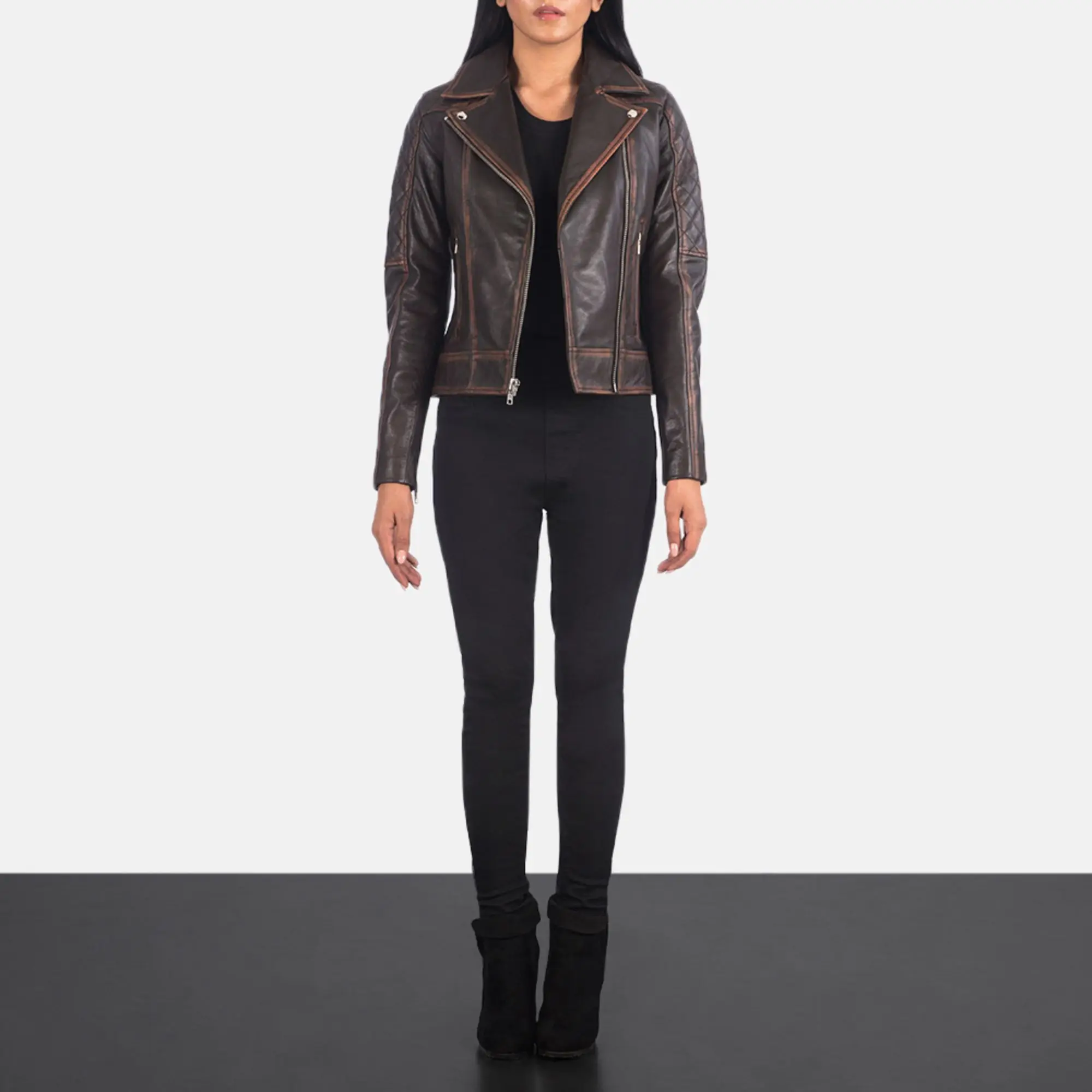 Real Leather Sheepskin Aniline Zipper Carolyn Quilted Vintage Brown Women Biker Jacket with Quilted Viscose Lining and Inside Ou