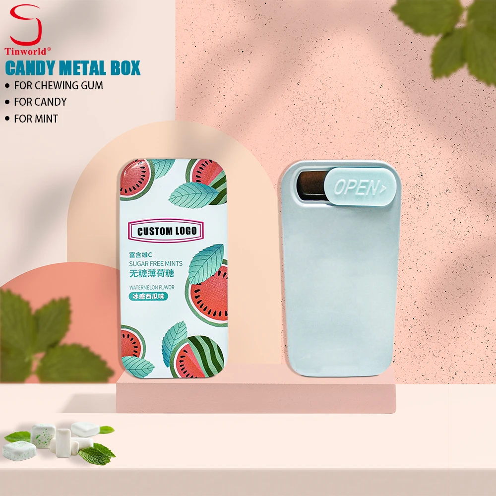 Factory New Design High Quality Child Resistant Tin Cans Custom Candy Mint Chewing Gum Tin Cans Sliding Tin Box