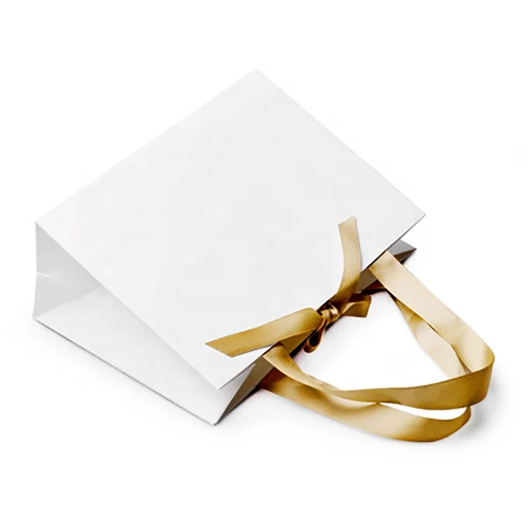 Luxury Small White Jewelry Gift Bag with Ribbon Handle Personalized Design Shopping Clothing Paper Bag for Cosmetics Packaging