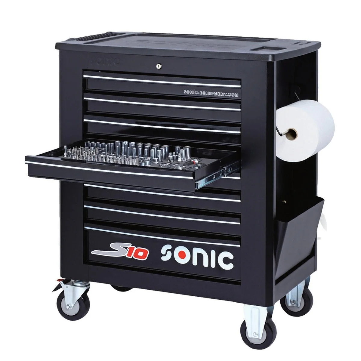Best Quality SONIC Top S10 8-Drawer Trolley New Black Iron Tool Box with 328PCS Tools for Storage 878mm Width Top Export Choice
