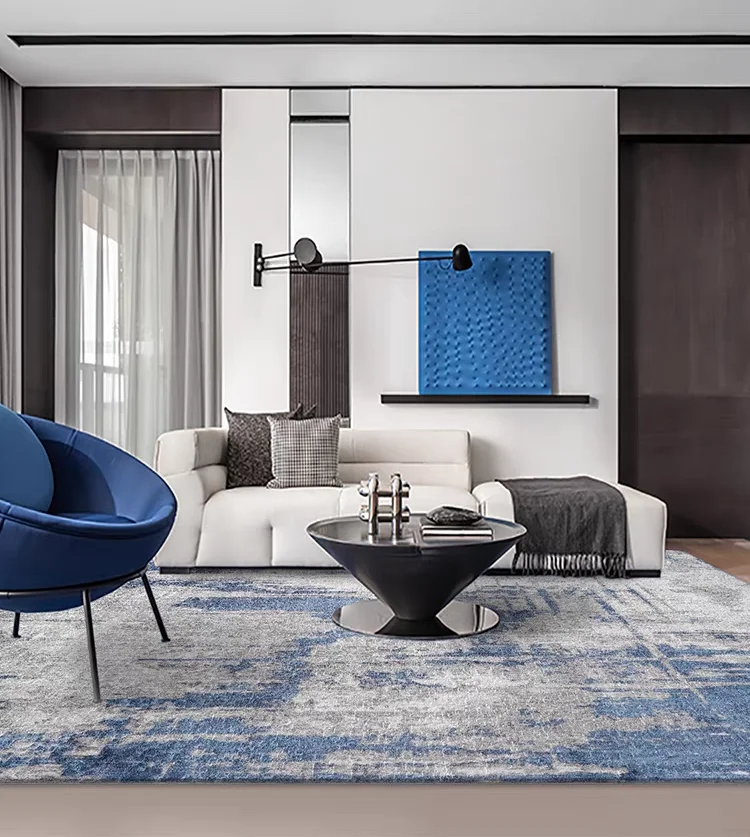 Modern Navy Square Area Rug Abstract Distressed Area Rugs for Living Room Bedroom Medium Pile Carpet Floor Mat