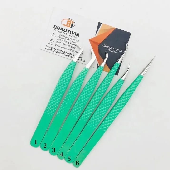 Light Green Color Coated Stainless Steel Eyelash Extension Tweezers With Private Logo