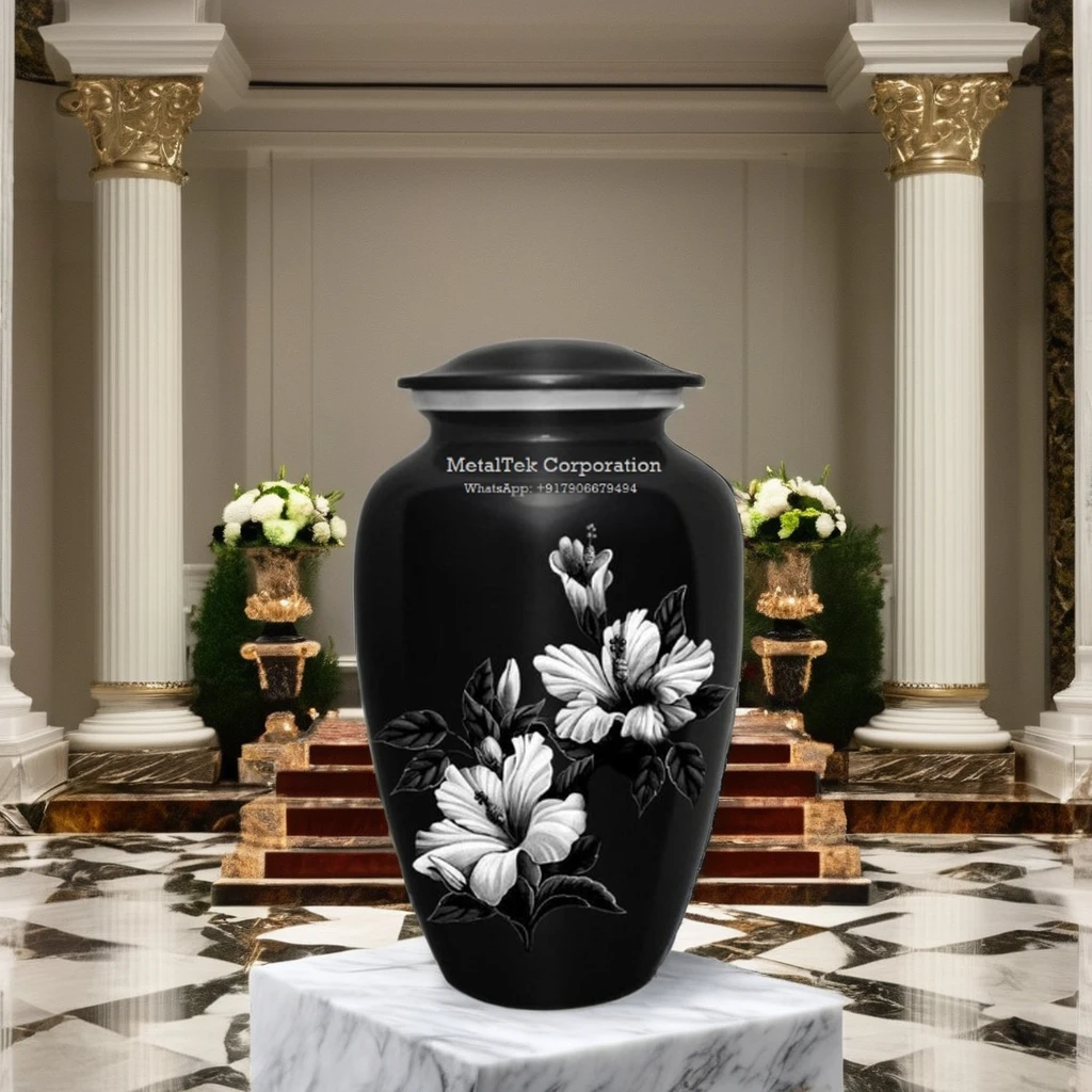Hawaiian Hibiscus Flower Black & White Classic Floral Cremation Urn American Style Adult Funeral Burial Ashes Storage Metal Jars