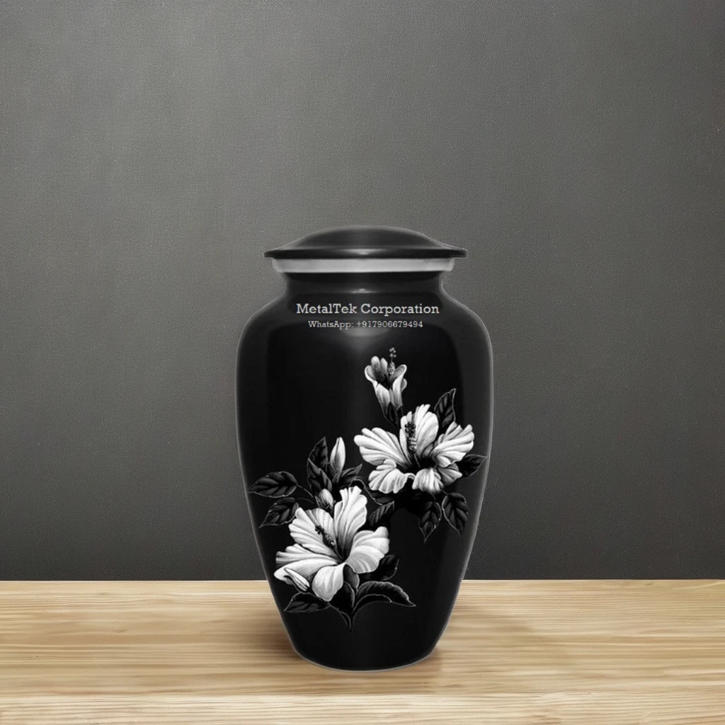 Hawaiian Hibiscus Flower Black & White Classic Floral Cremation Urn American Style Adult Funeral Burial Ashes Storage Metal Jars