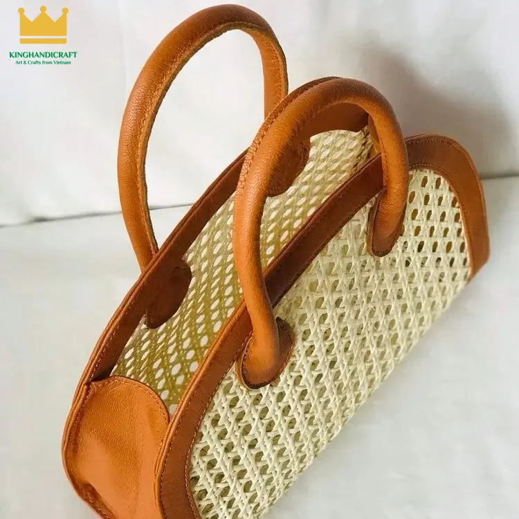Light brown rattan bag/ rattan bag wholesale/ leather handle cane webbing bag hot sale