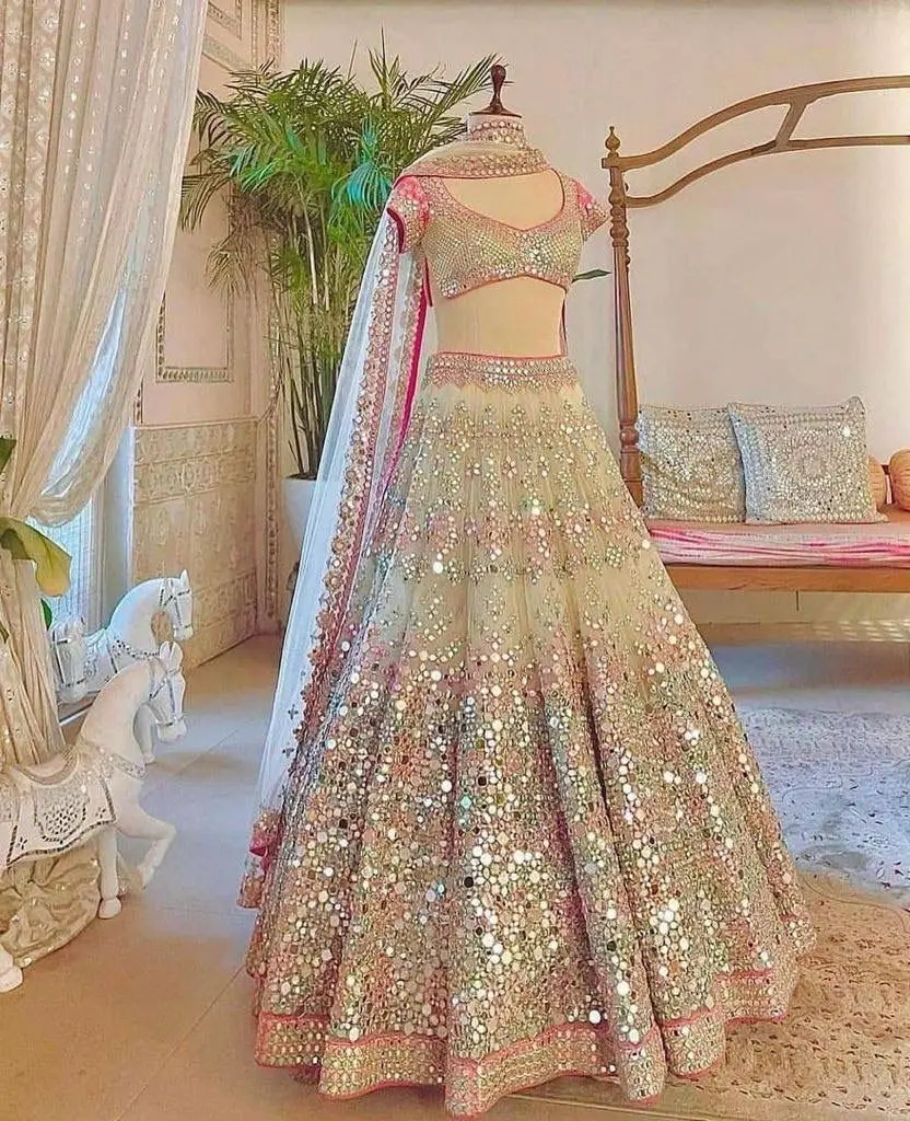 Fashionable Adults Soft Net Real Mirror Lehenga Cancan Canvas Patta Work Choli Indian & Pakistani Clothing Sequins Embroidery