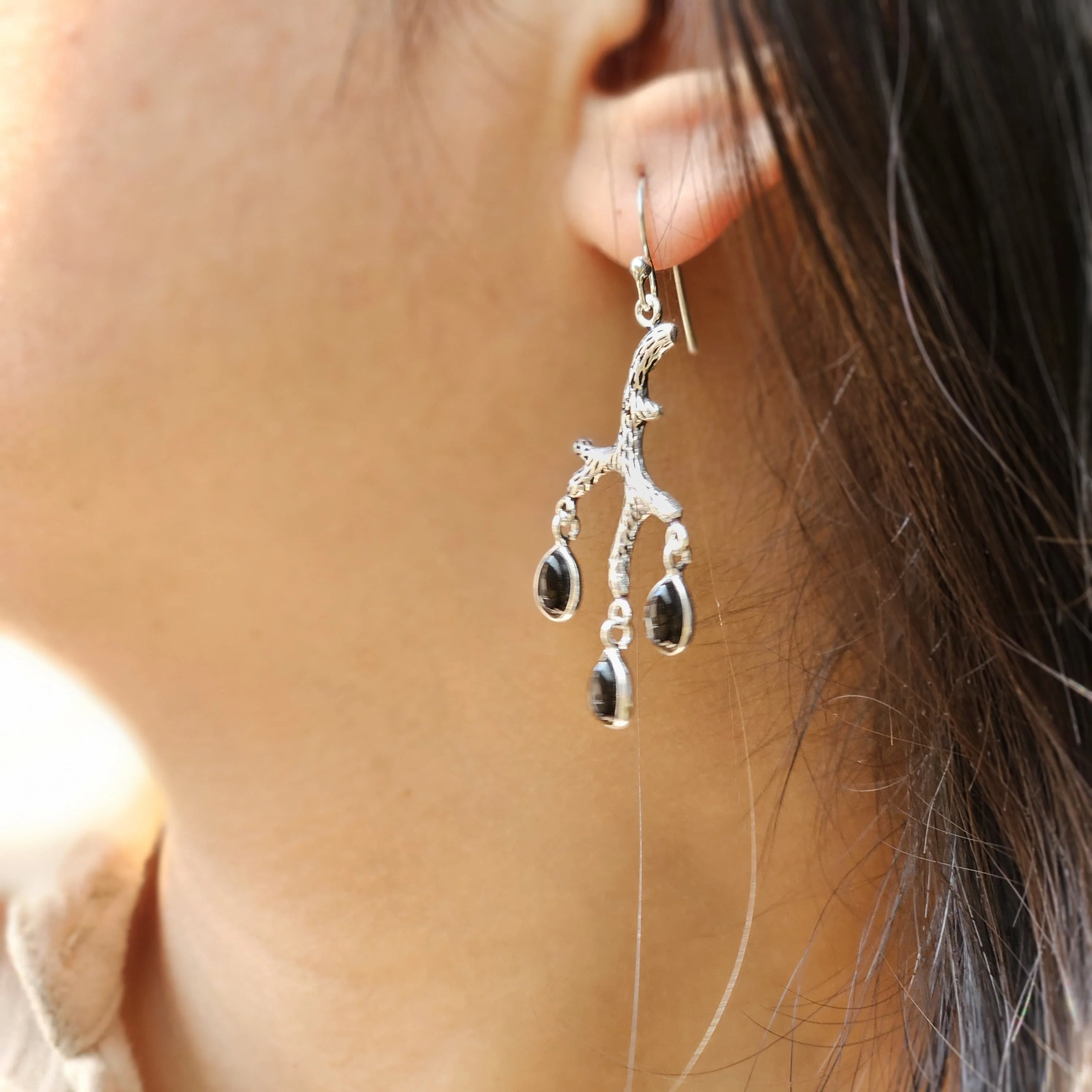 Black onyx  silver earring branch design silver oxidized earring affordable price silver earring