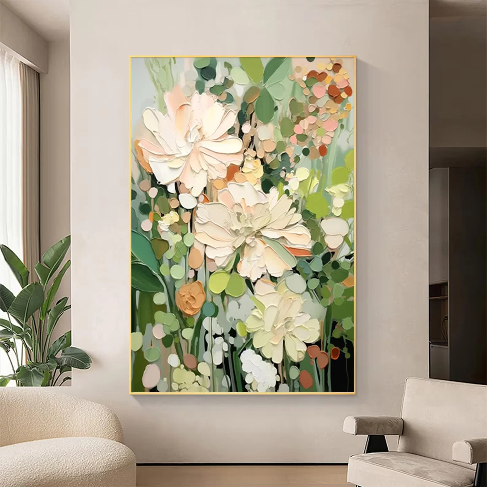 100% Real Hand Painted Abstract Colorful Flower Oil Painting,Large Modern Minimalist Painting Wall Art for Living Room Bedroom