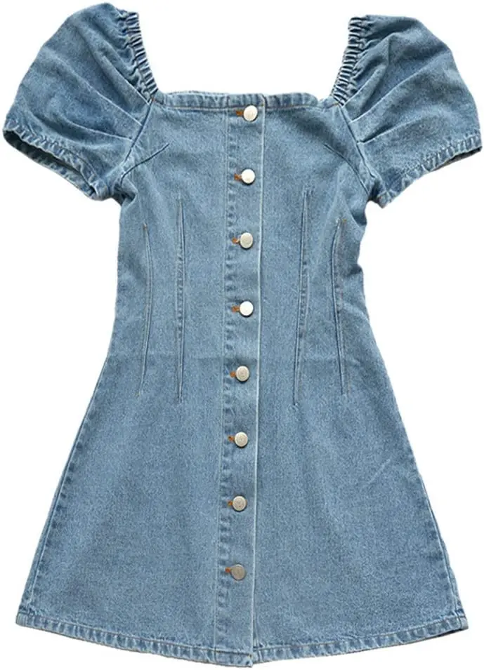 Dress Women Blue Denim Mini Single Breasted Square Collar Sweet Style Simple Design Outerwear Vintage Young Ladies