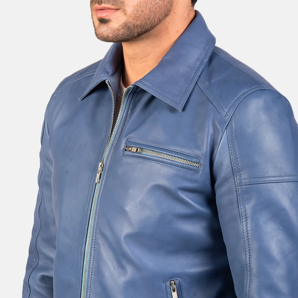 Real Leather Sheepskin Aniline Zipper Blue Men leather Jacket with Viscose Lining and Inside Outside Pockets highly breathable