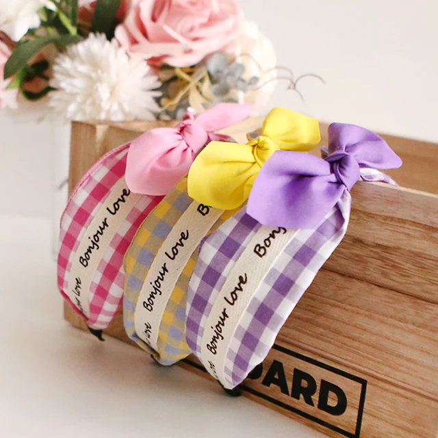 Girls Cute Lettering Check Pattern Ribbon Headband Korea fashion hair accessory