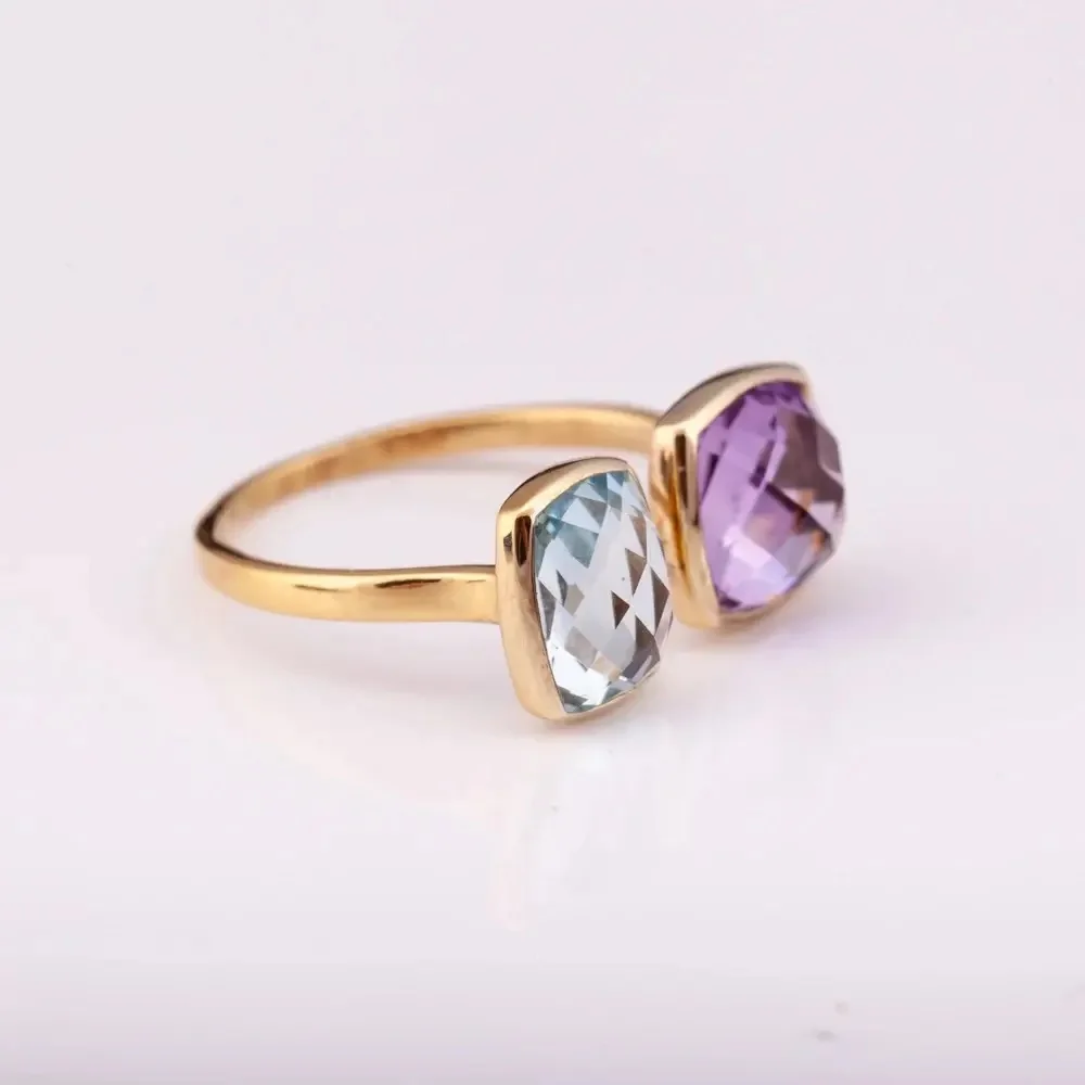 Роскошные 925 стерлингового серебра женское кольцо 14K позолоченный с натуральным голубым топазом Аметист бриллиант ограненный камень ювелирные изделия для подарка