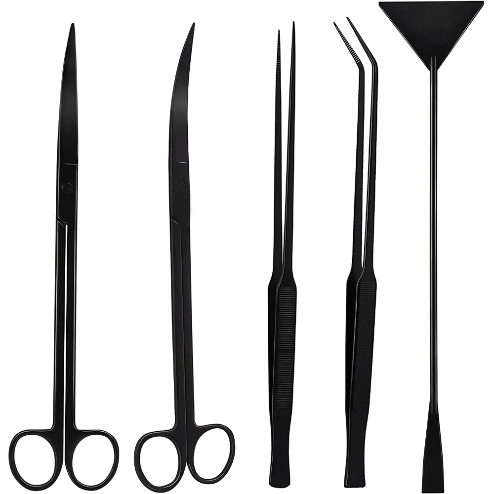 High Quality Aquarium Tools Kit 5 Pcs Set Stainless Steel Tweezers Scissor Spatula Multi Functional black powder coating CE ISO