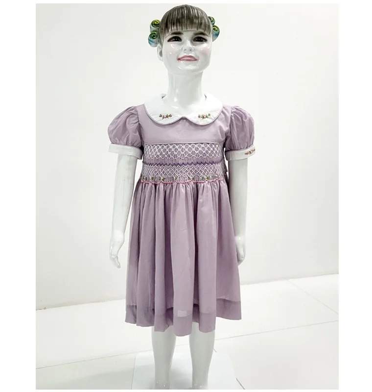 Custom Wholesale Cheap Smocked Lovely Girl Dress High Quality Cotton Lilac Dresses  for Kids Girls Casual Summer Dress