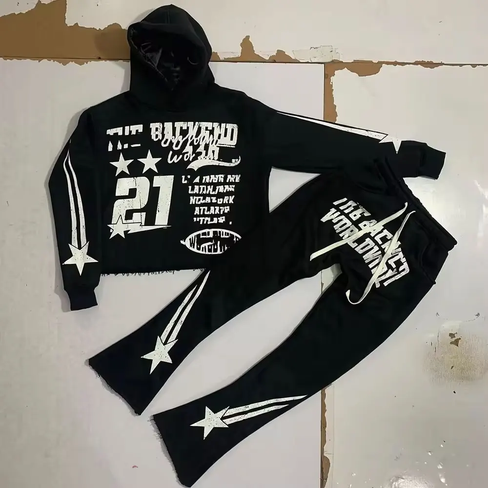 Y2k Style Custom Cropped Hoodie Men Vintage No String Saint Lined Pullover Cut And Sew Hoodies Flared Sweatpants And Hoodie Set
