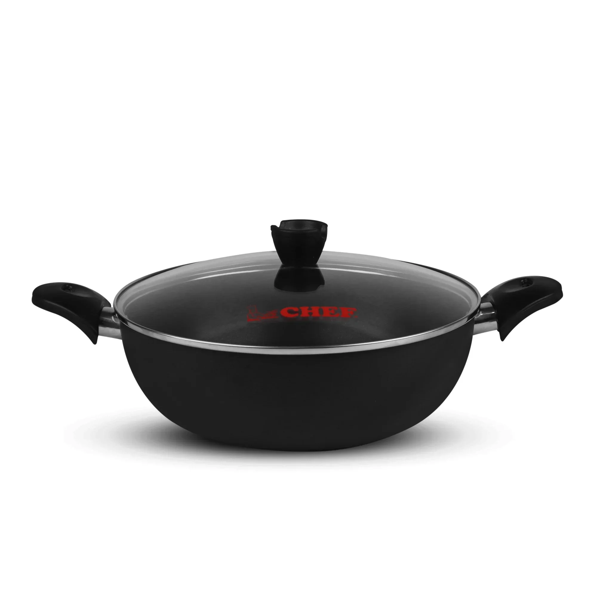 Modern 32 cm Chef Non-Stick Karahi Wok with New Glass Lid Premium Quality Wooden Knob for Induction Stoves Restaurants Hotels