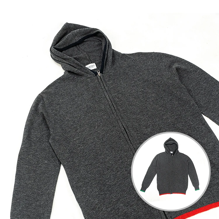 Custom Logo Printed 100% Cashmere Charcoal Grey Flat Knitted Track Jacket with Warm Hood Fancy Long Outdoor Jacket