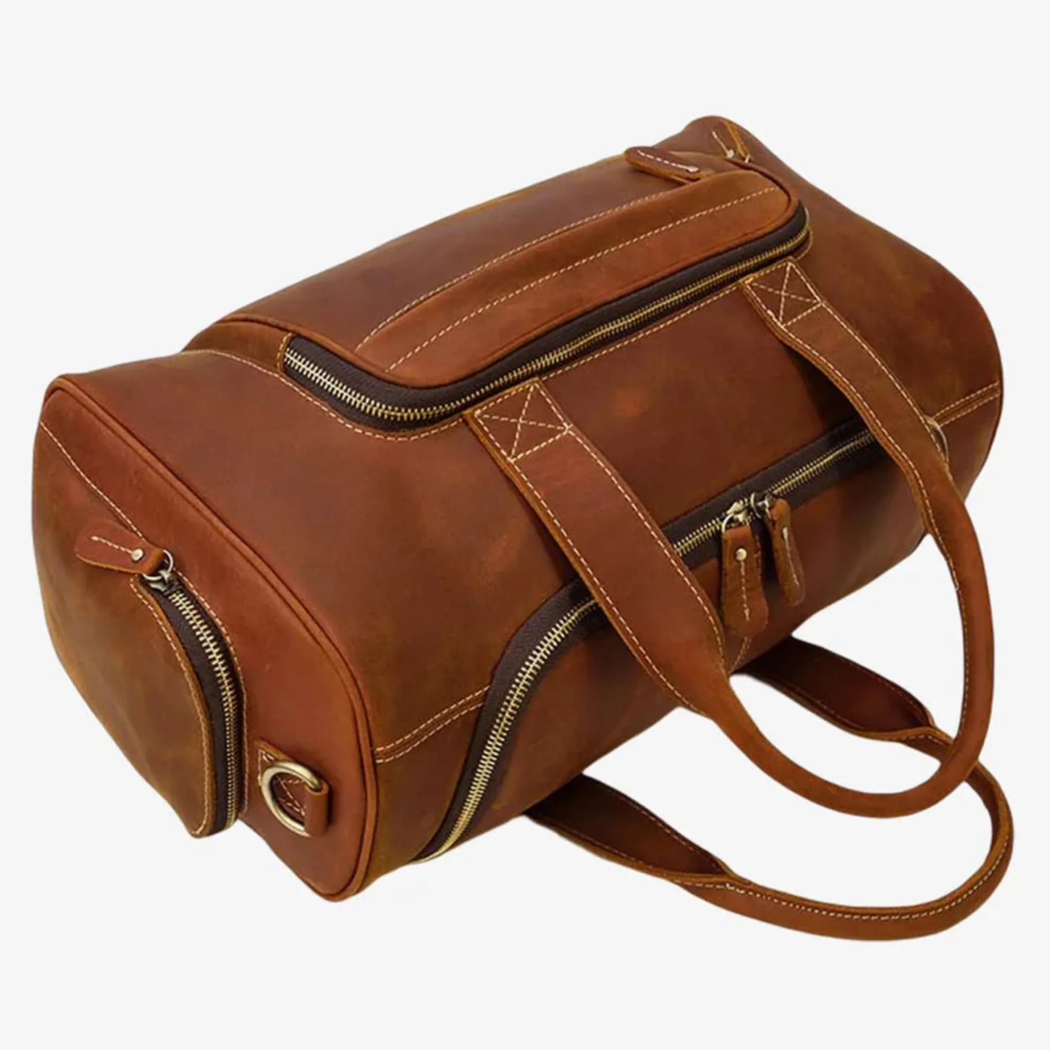 Designer Crazy Horse Leather Duffel Bag with Multiple YKK Zipper Pockets Stylish Weekender Bag for Travel Gym and Business Trips