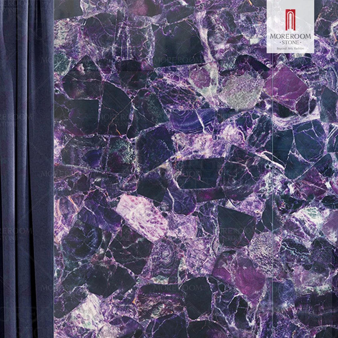Elegant Purple Quartzite Crystal Fluorite Slab Semi Precious Quartz Slab For Wall Tile